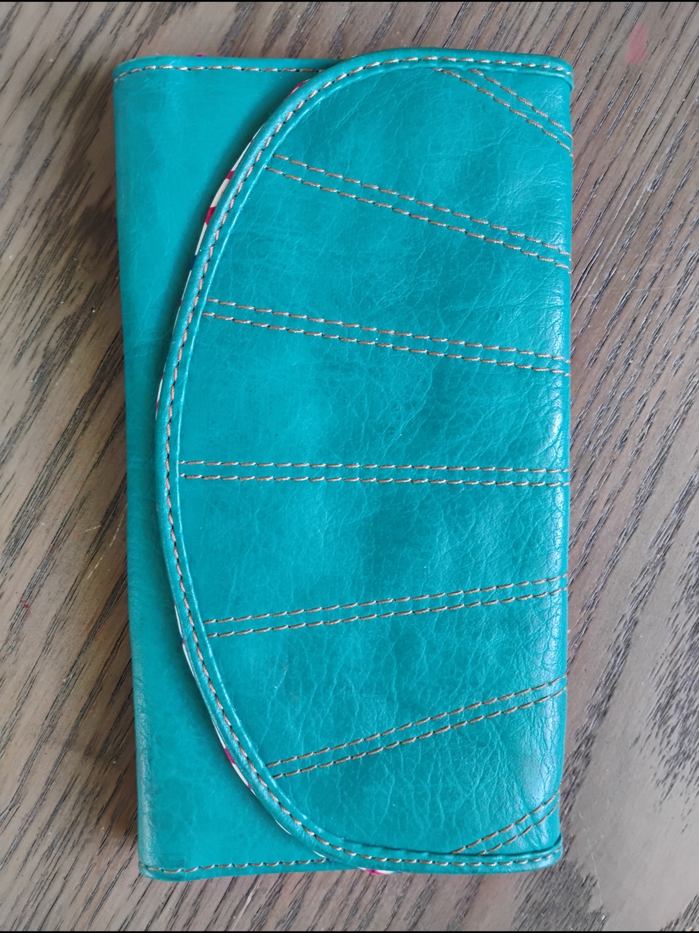 Teal Folded Leather Wallet with Pink Floral Lining